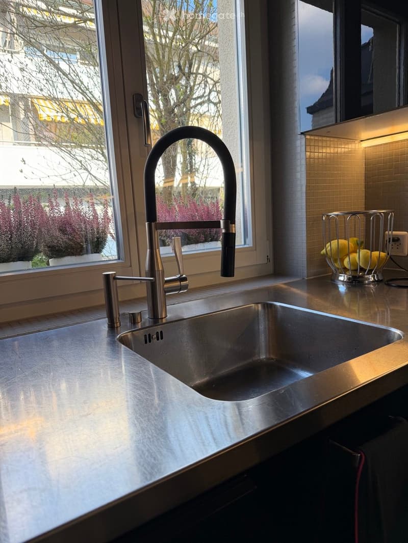 Modern kitchen with a stainless steel sink, sleek faucet, and a fruit basket on the counter. Large windows provide natural light and a view of the garden.