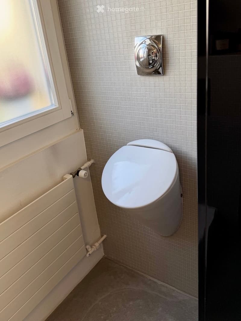 Modern bathroom with a white toilet, tiled walls, and a small window providing natural light.