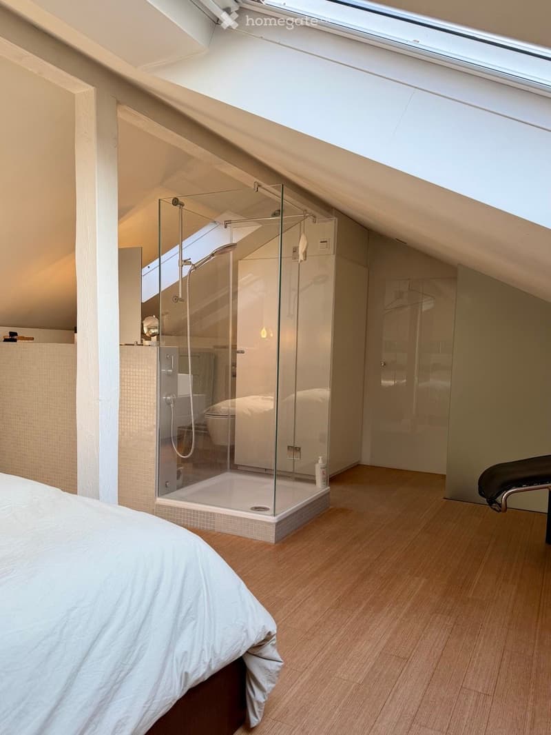 A modern attic bedroom with a large bed, a glass-enclosed shower, and a small toilet area. The room features wooden flooring and a skylight above.