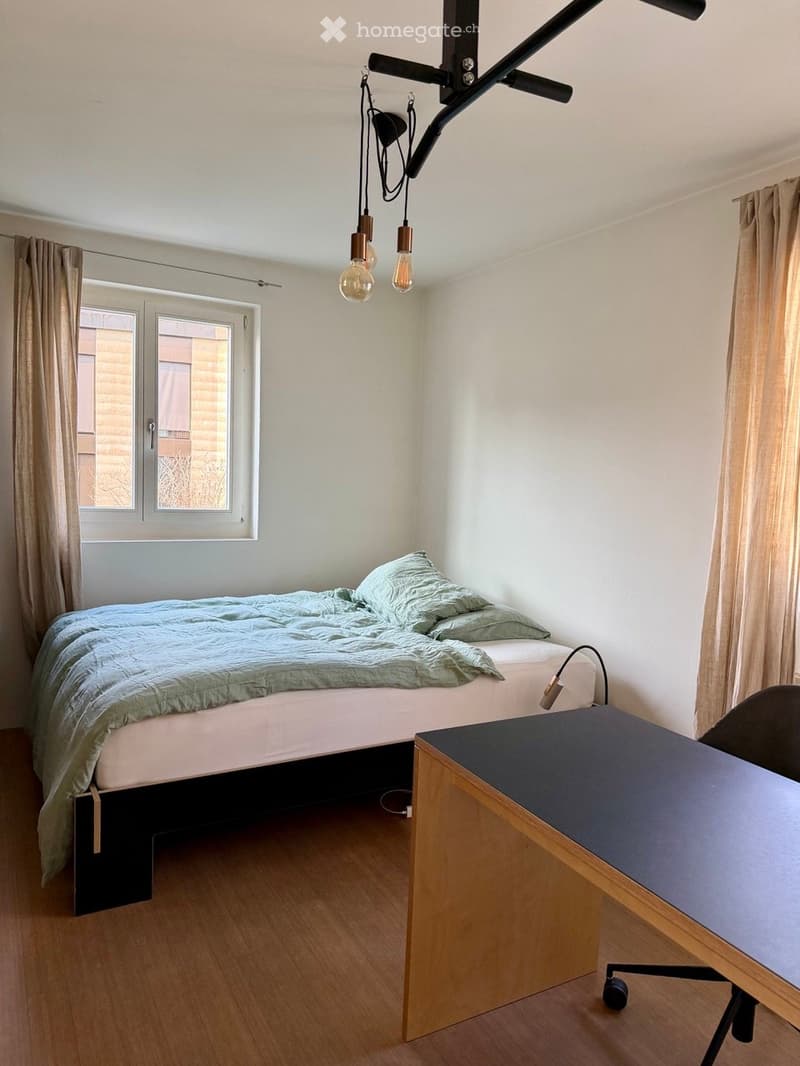 Bedroom with a single bed, desk, chair, and window with curtains. Wooden flooring and modern lighting fixture.