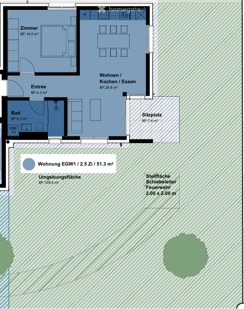 Floor plan of a ground floor apartment with a living/dining/kitchen area, bedroom, bathroom, entrance, and seating area. Includes surrounding area and storage space.