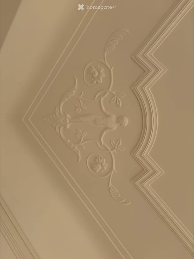Ornate ceiling with floral and leaf patterns, featuring a central decorative medallion and symmetrical design elements.