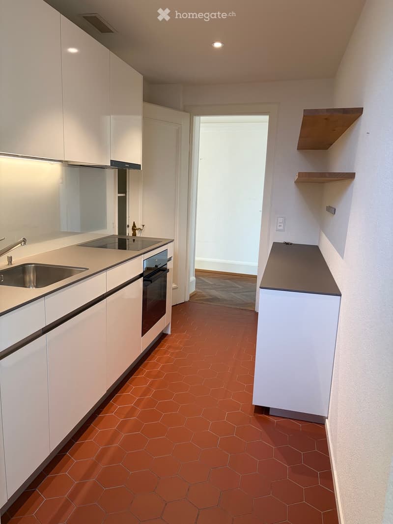 Modern kitchen with white cabinets, stainless steel sink, oven, and hexagonal terracotta tiles on the floor.