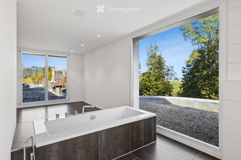 Modern bathroom with a large bathtub, sleek dark wood vanity, and expansive windows offering a scenic view of greenery and open landscape.