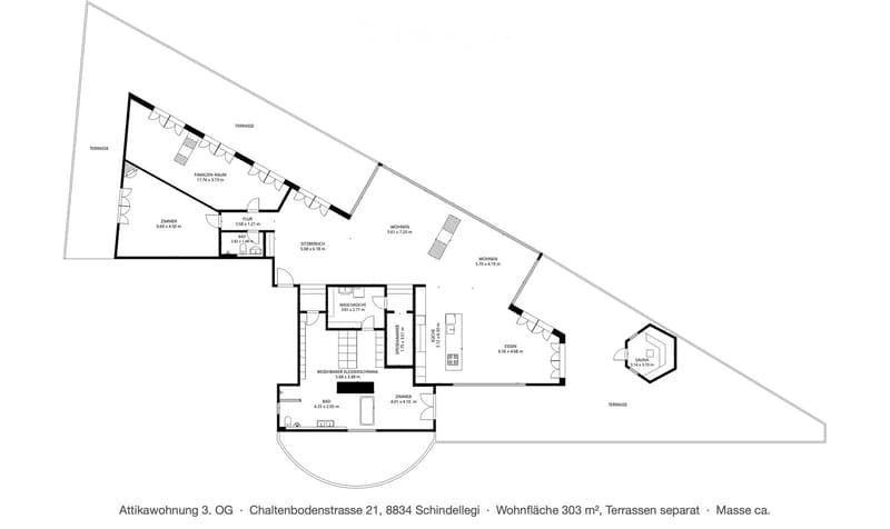 Floor plan of an attic apartment with multiple rooms including living area, dining area, kitchen, bedrooms, bathrooms, and terraces.