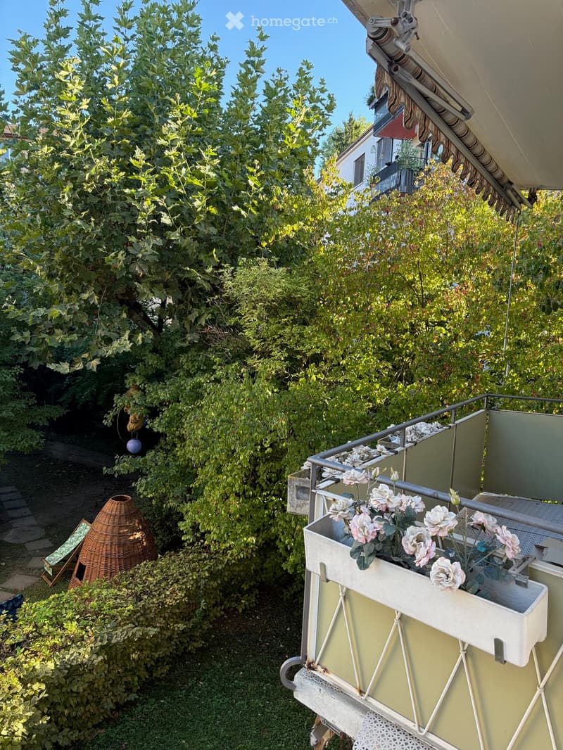 Balcony with a flower box containing white and pink flowers, surrounded by lush greenery and trees.