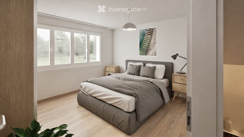 Modern bedroom with a large bed, nightstands, a hanging lamp, and a picture frame on the wall. The room features large windows and wooden flooring.