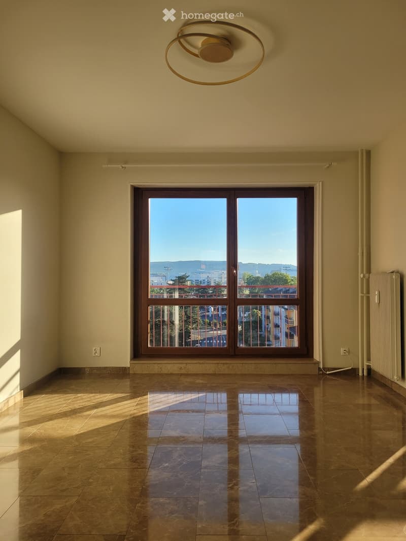 Empty room with tiled floor, large window with view, and a ceiling light fixture.