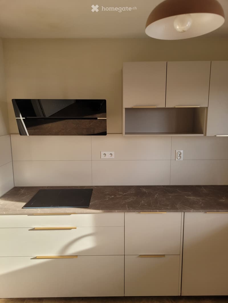 Modern kitchen with light-colored cabinets, marble countertop, induction stove, and built-in oven.