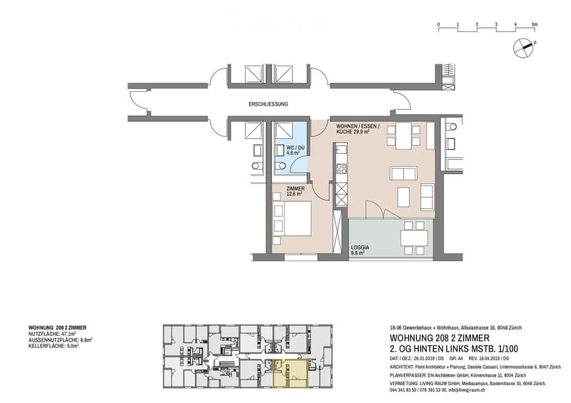 Floor plan of a 2-room apartment with living/dining/kitchen area, bedroom, bathroom, and loggia.