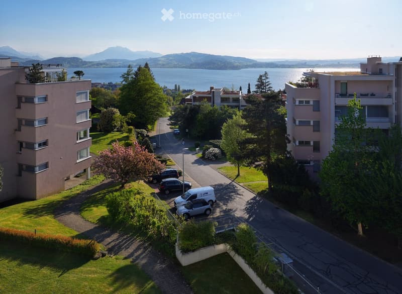 Aerial view of a residential complex with multiple apartment buildings, green lawns, trees, and a parking area. The background features a lake and distant mountains.