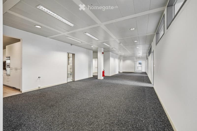 Empty hallway with white walls, grey carpeted floor, and recessed lighting. Features include a fire extinguisher, a partially visible kitchen area, and several doors leading to other rooms.