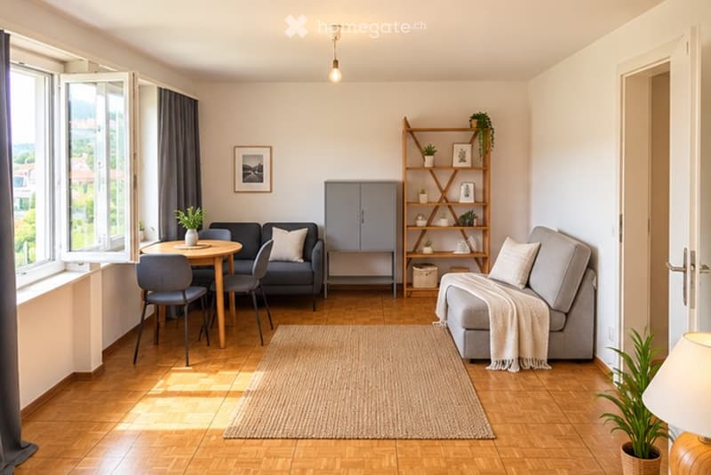 Bright, open-plan living and dining area with wooden flooring, large windows, a grey sofa, a dining table with chairs, a shelf with decorative items, and plants.