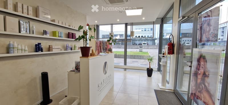 Beauty salon interior with shelves displaying various products, potted plants, a reception desk, and a fire extinguisher near the entrance.