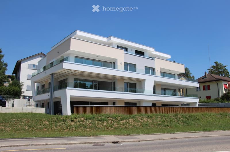 Modern two-story house with white exterior, large glass windows, and balconies. Features a raised ground floor and contemporary design.