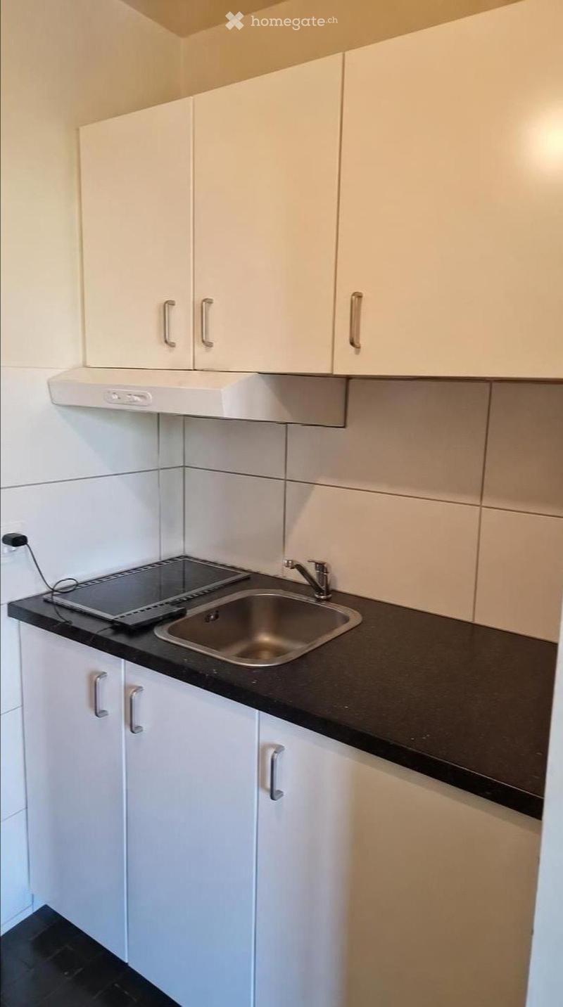 Modern kitchen with white cabinets, black countertop, stainless steel sink, and built-in stove.