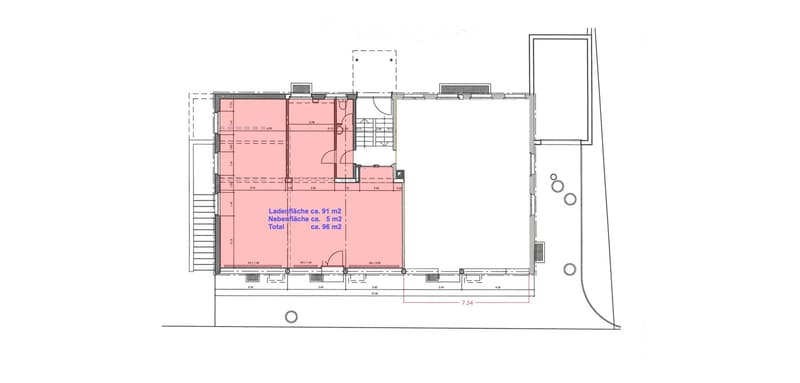 Floor plan of a garage with labeled dimensions and areas, including a main storage area and adjacent space.