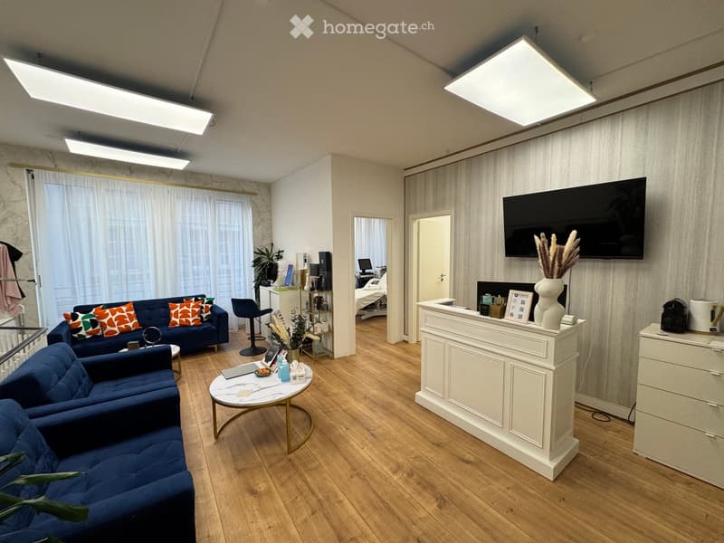 Modern reception area with a blue sofa, coffee table, reception desk, screen, and decorative vase.
