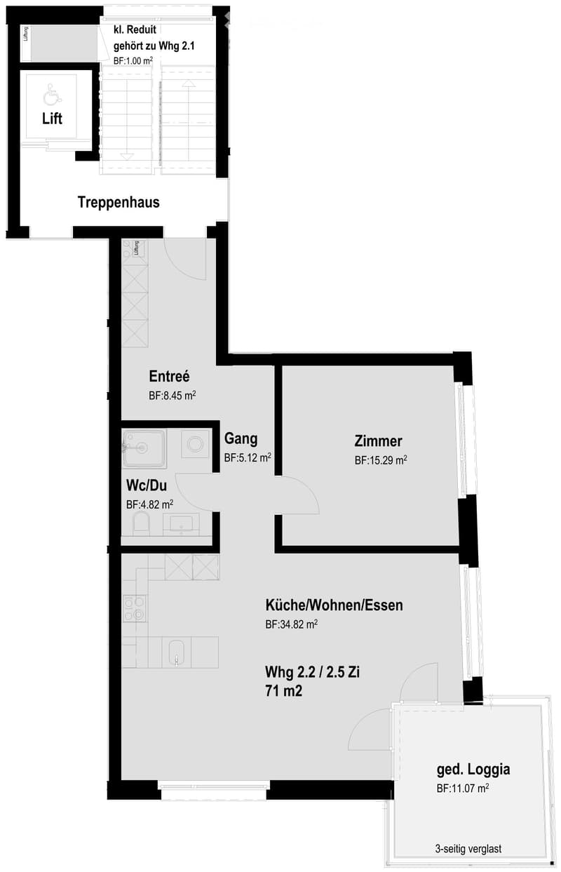 entrance, hallway, bathroom, kitchen/living/dining, bedroom, covered terrace