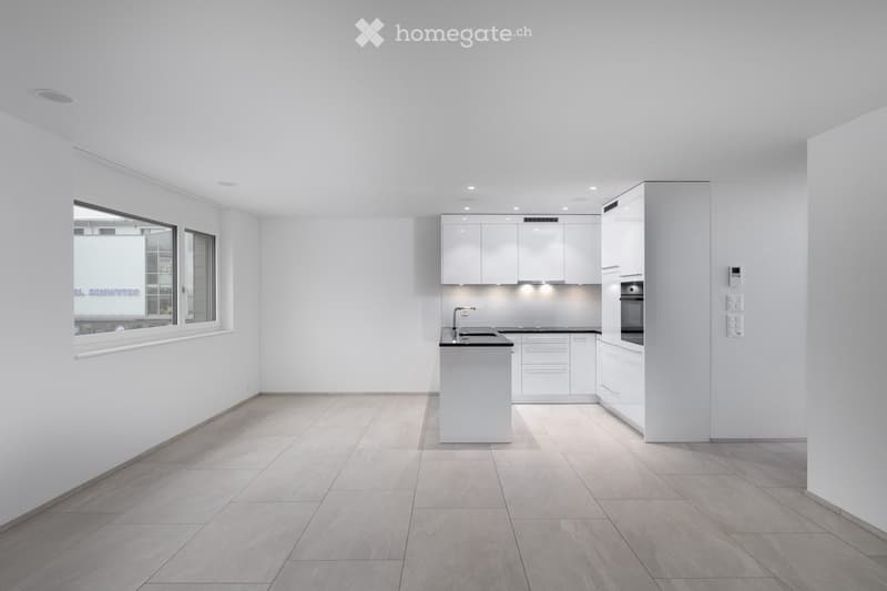 open plan kitchen with modern white cabinets, granite countertops, integrated oven and dishwasher