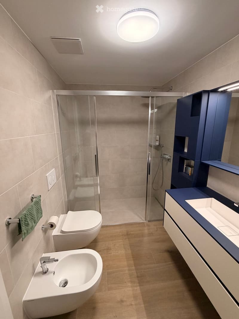 Modern bathroom with a toilet, sink, and shower area. Features a sleek, dark blue cabinet, a round ceiling light, and a glass-enclosed shower. The floor is wooden, and the walls are tiled.