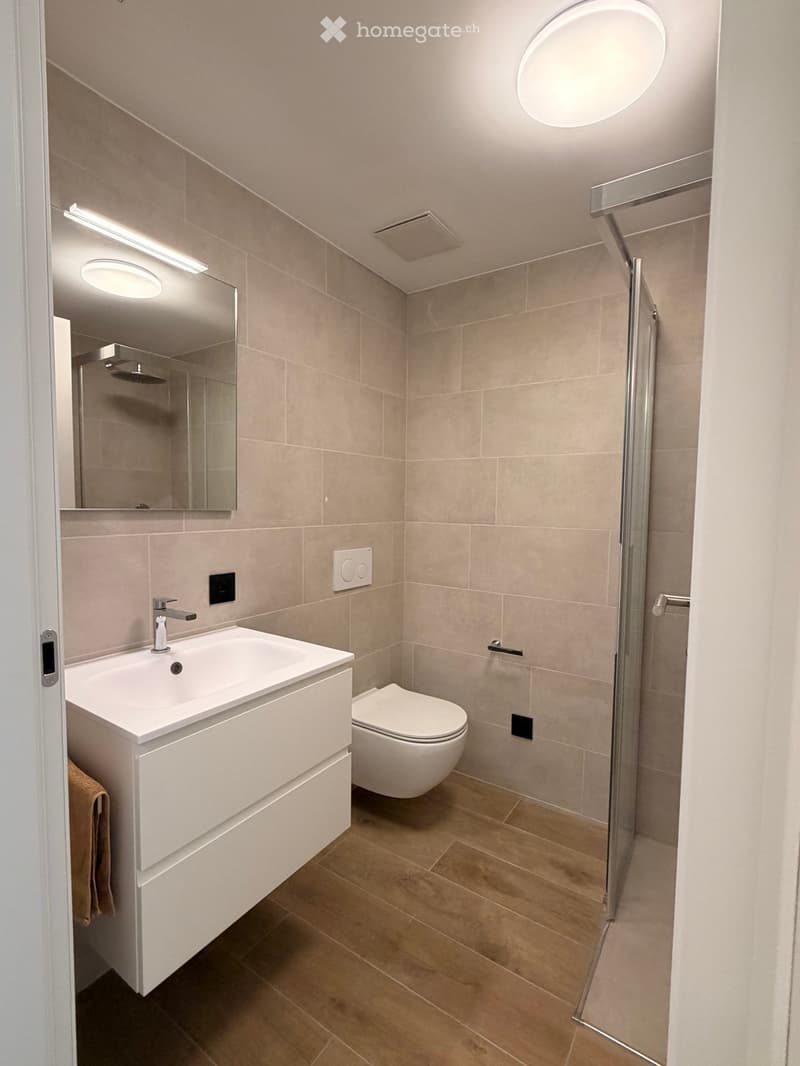 Modern bathroom with beige tiles, a white sink with a modern faucet, a toilet, a large mirror, and a glass-enclosed shower area.