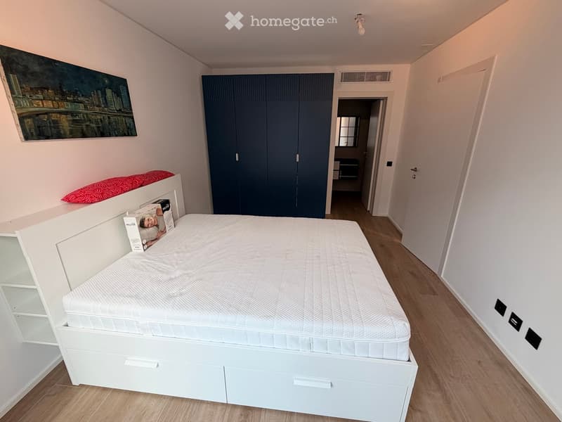 Modern bedroom with a white bed, built-in wardrobe, and a shelf unit. The room features wooden flooring and a painting on the wall.
