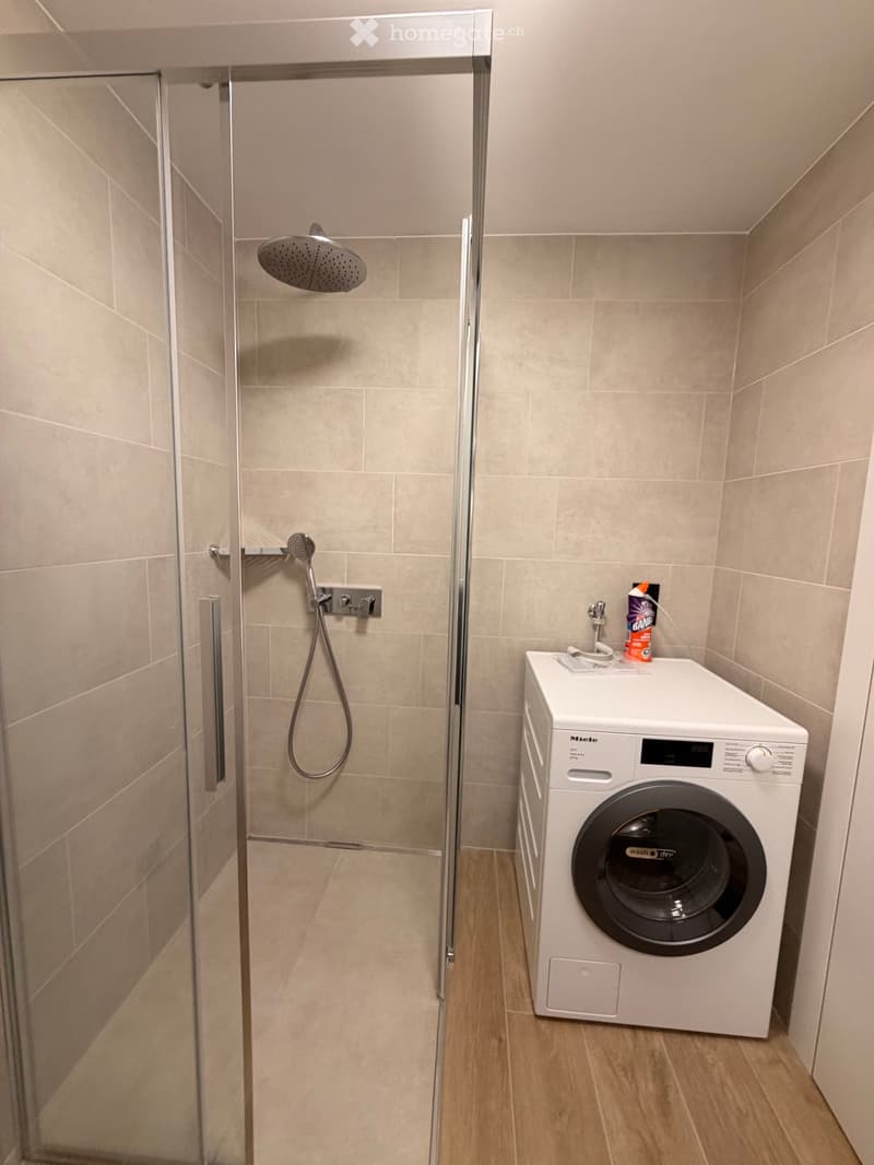 Modern bathroom with a glass-enclosed shower and a white washing machine. Beige tiles and wooden flooring.