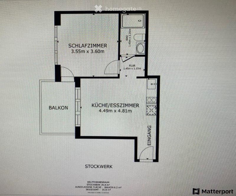 Floor plan showing a bedroom, kitchen/dining room, bathroom, hallway, and balcony.