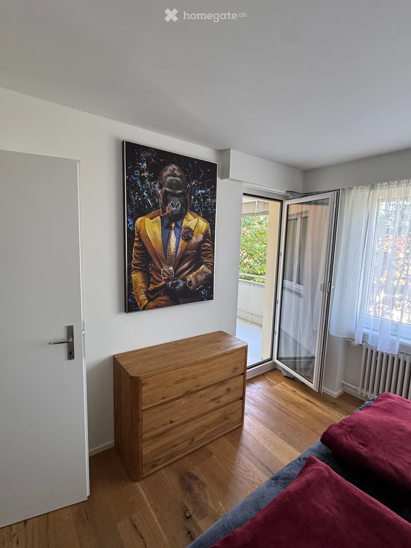 A modern living room with wooden flooring, a grey sofa with red pillows, a wooden chest of drawers, and a large painting of a gorilla in a suit on the wall. A sliding glass door leads to a balcony.