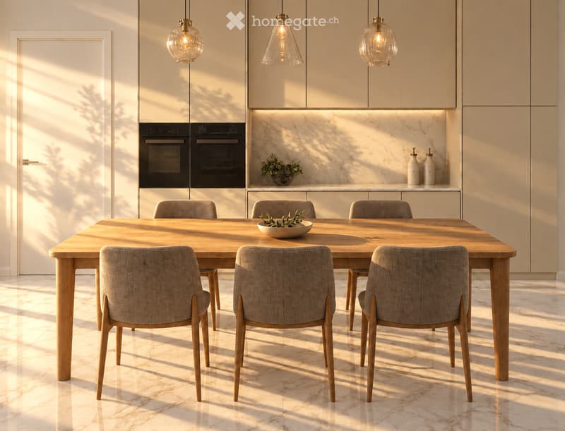 Modern kitchen with a wooden dining table, six chairs, a bowl of greenery, and built-in ovens. Light-colored cabinets and marble backsplash.