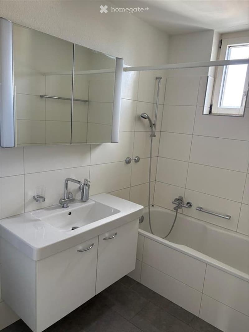 Modern bathroom with white tiles, a sink with a faucet, a bathtub with a showerhead, and a large mirror above the sink.