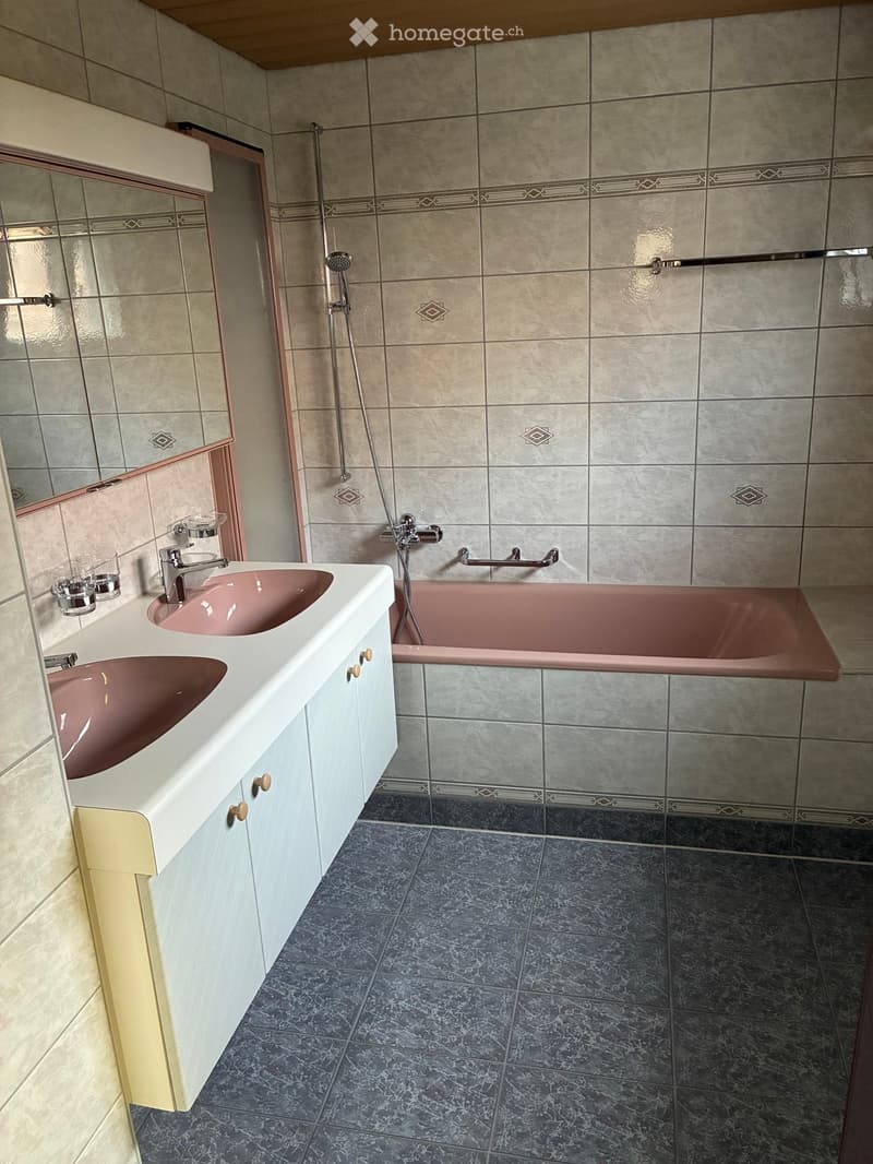 Bathroom with a double sink, bathtub, mirror, and decorative tiles.