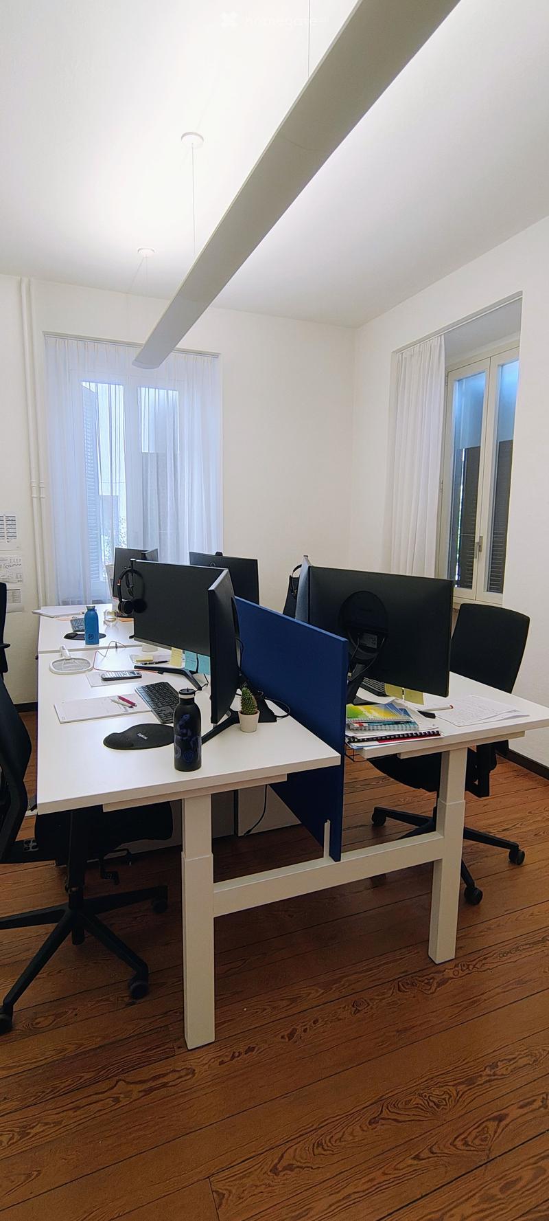 A modern office space with a white desk, two computer screens, a keyboard, mouse, and office supplies. The room features wooden flooring and large windows with white curtains.