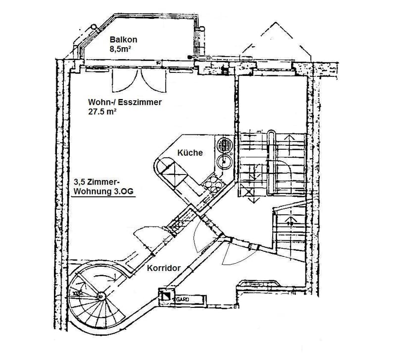 Floor plan of a 3.5-room apartment on the 3rd floor, including a living/dining room, kitchen, balcony, corridor, and garden.