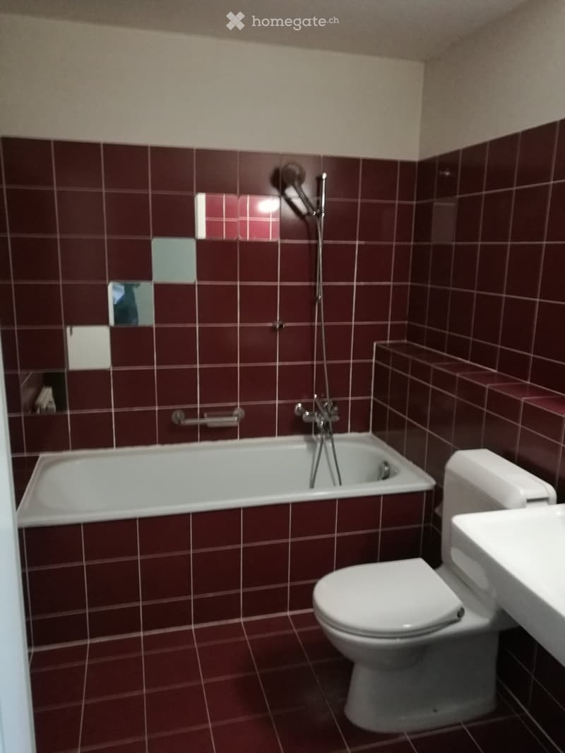 Bathroom with red tiled walls and floor, featuring a white bathtub, toilet, and showerhead.