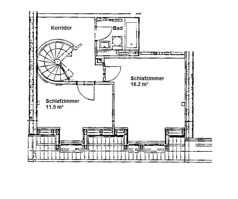 Floor plan showing a corridor, two bedrooms, and a bathroom. One bedroom is 11.5 m², the other is 16.2 m².