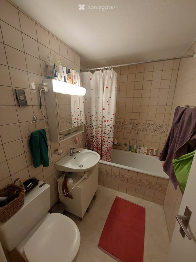 Bathroom with toilet, sink, bathtub, shower curtain, towels, basket, and toiletries