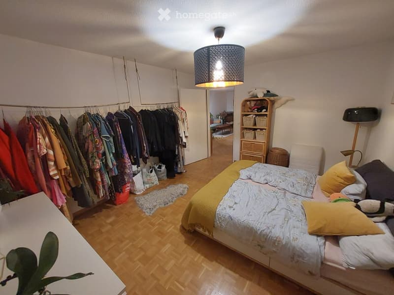 Bedroom with a bed, wardrobe, rug, lamp, shelves, and a plant