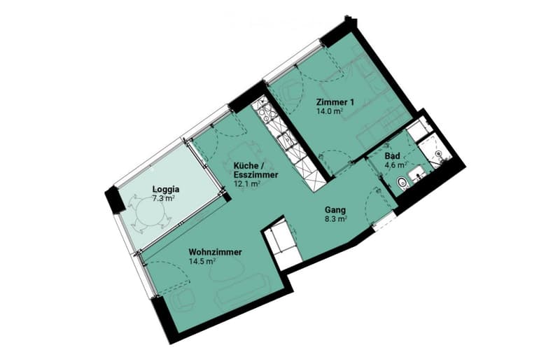 Floor plan of an apartment with a living room, kitchen/dining room, bedroom, bathroom, hallway, and loggia.