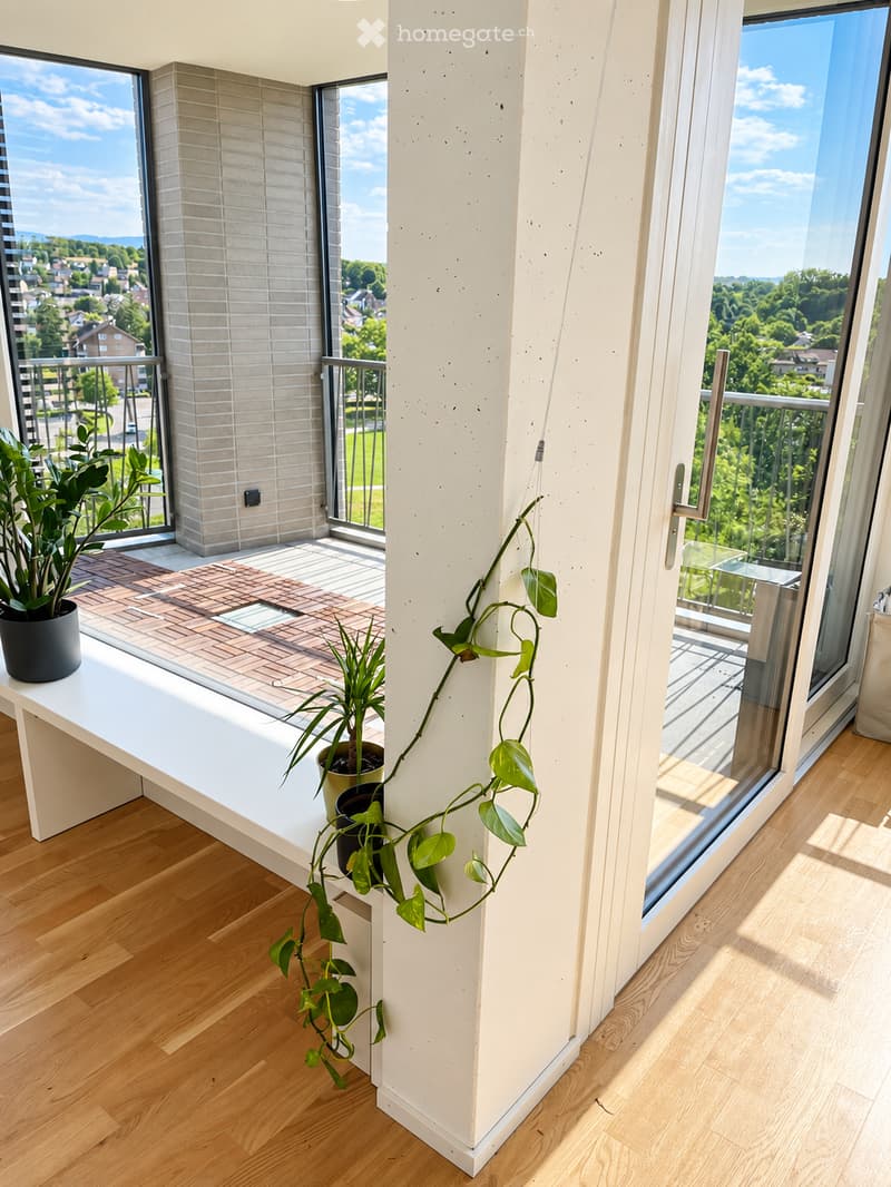 Modern interior with wooden flooring, large windows offering a scenic view, potted plants, and a small table near the window.