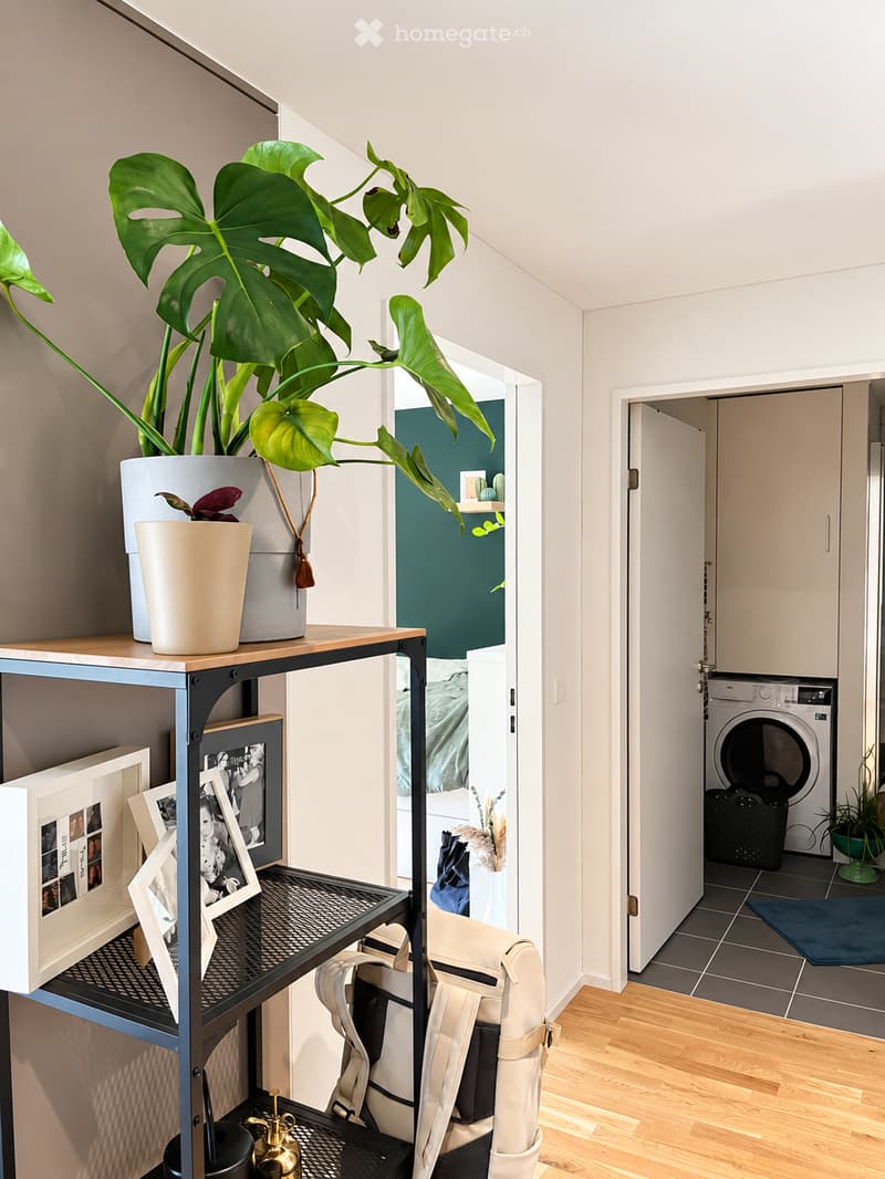 A modern hallway with a wooden floor, a metal shelf holding picture frames and a plant, and a view into a bedroom and laundry area with a washing machine.
