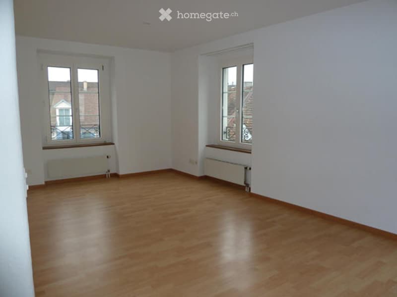 Empty room with wooden flooring, white walls, and two windows with radiators underneath. No furniture or equipment present.