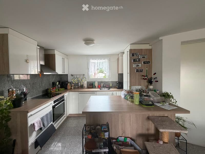 Modern kitchen with white cabinets, wooden countertop, built-in oven, sink, and various appliances. Features a cat tree and potted plants.