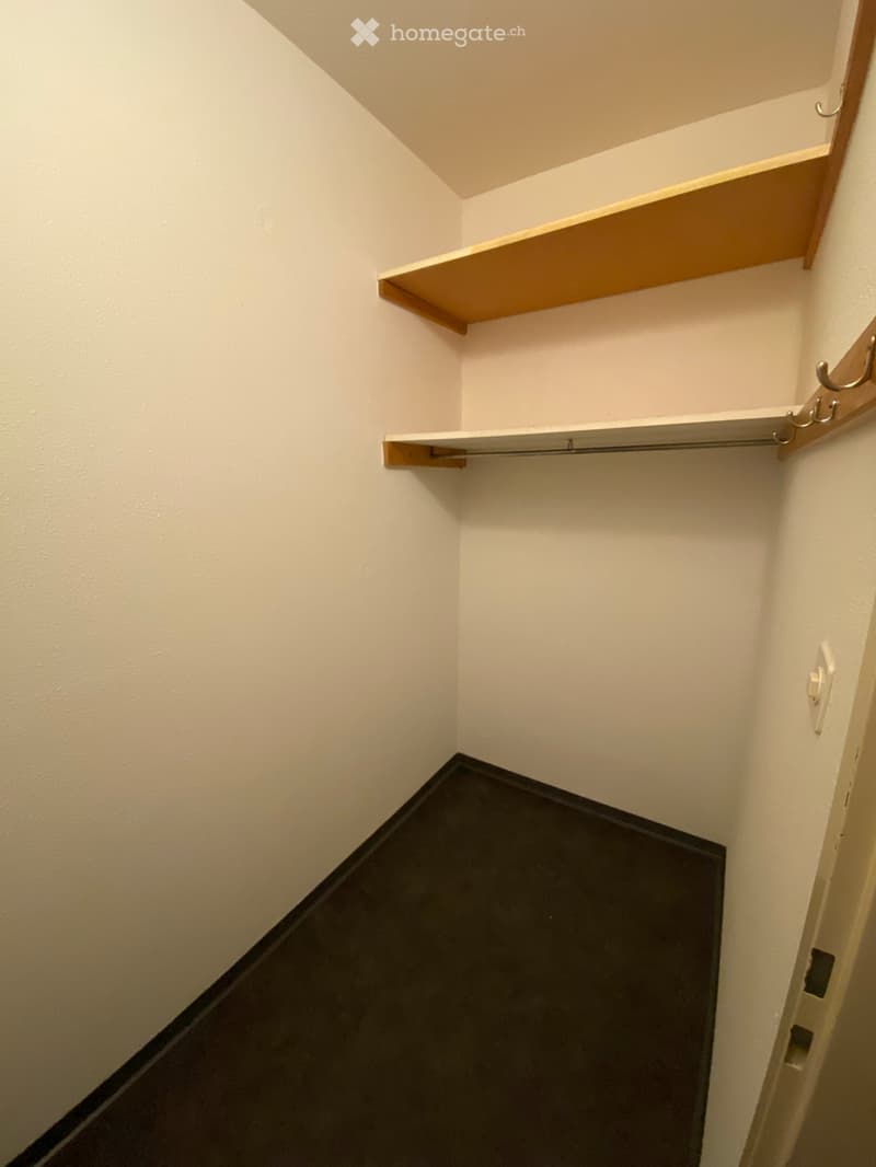 Empty closet with built-in wooden shelves and a hanging rod, white walls, and a black baseboard.
