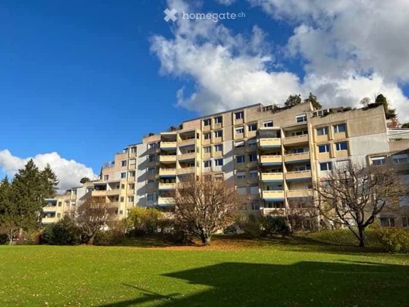 Multi-story residential building with numerous windows and balconies, surrounded by a green lawn and trees under a clear blue sky.