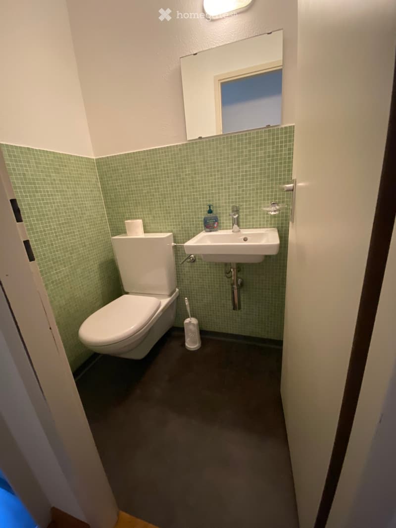 Small bathroom with green tiled walls, a toilet, a sink with a faucet, a mirror above the sink, and a window providing natural light.