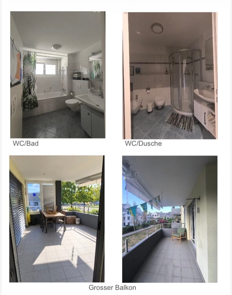 Bathroom with a bathtub, toilet, sink, and a glass-enclosed shower. The space features tiled walls and a modern design.