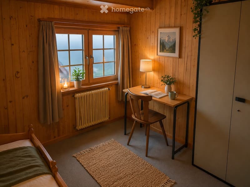 Cozy wooden bedroom with a bed, desk, chair, table lamp, picture frame, small plants, and a candle on the windowsill.