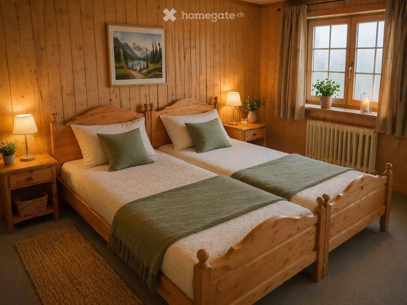 Cozy wooden bedroom with two single beds, nightstands, lamps, a picture frame, and a small plant on the windowsill.